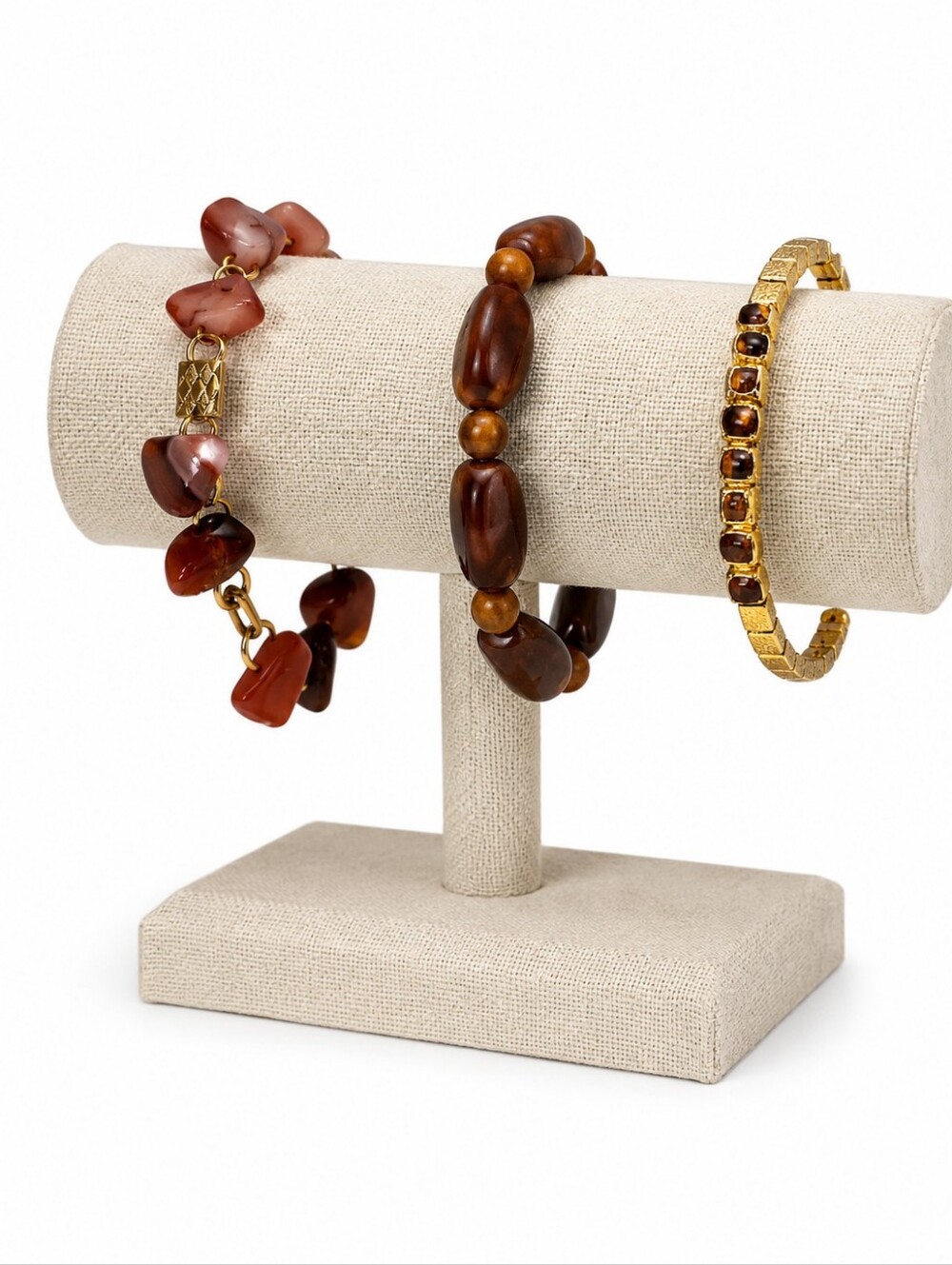 Three Bracelet Set Natural Stone Gold Tone & Brown Stretch Bracelets 6.5"-7"